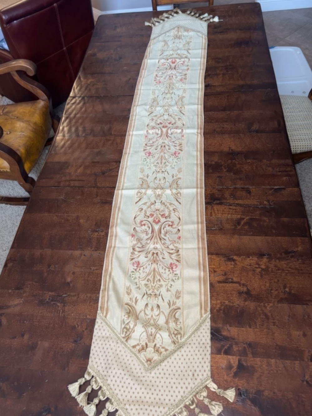 Elegant Vintage Damask Floral Table Runner with Tassels Gold Beige 90" x 14"